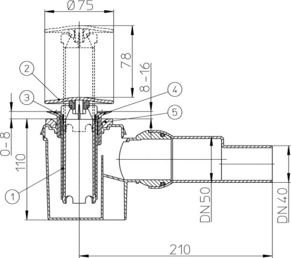 Brausetassensiphon DN50/40x6/4" waagrecht mit herausziehbarem Standrohr, Kugelgelenkanschluss und Abdeckplatte chrom d 75mm HL524